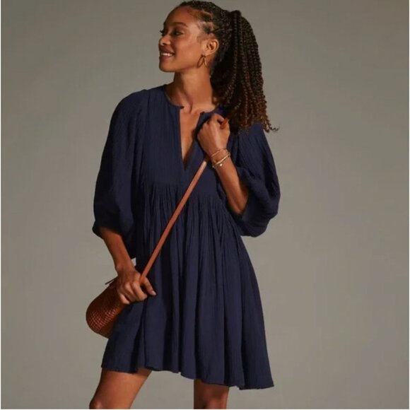 Sundry Navy Blue babydoll Cotton Dress With Puff Sleeves Size 1 Small - Picture 1 of 12